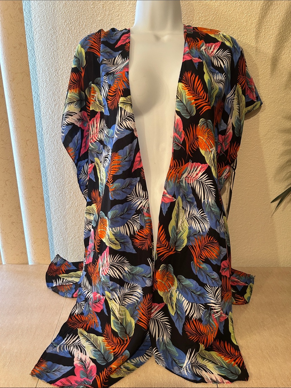 Tropical Leaf Black Swim Cover-Up Kimono